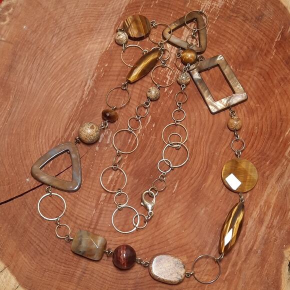 Long Statement Necklace Stone Geometric Shapes on Gold‎ Tone Chain - Picture 2 of 5